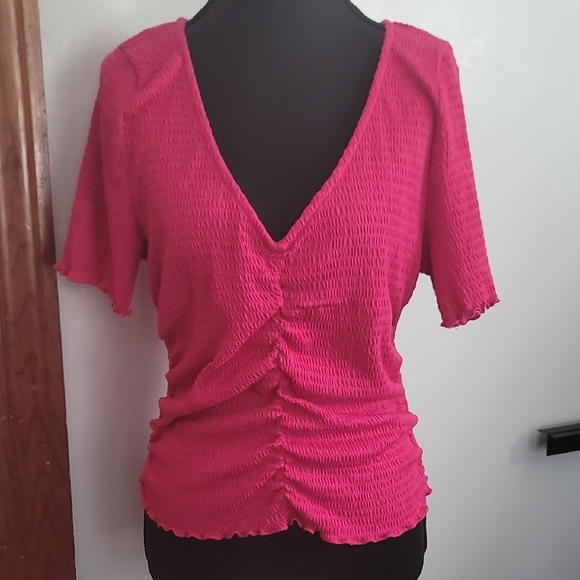 All in Favor Tops - All in Favor Pink Ruched Blouse V-Neck NWT